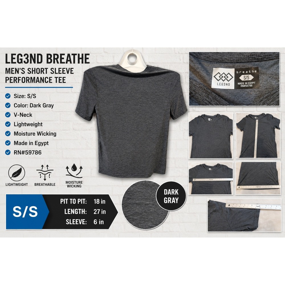 Leg3nd Breathe Mens Short Sleeve Performance Tee Dark Gray V-Neck Gym Shirt S/S